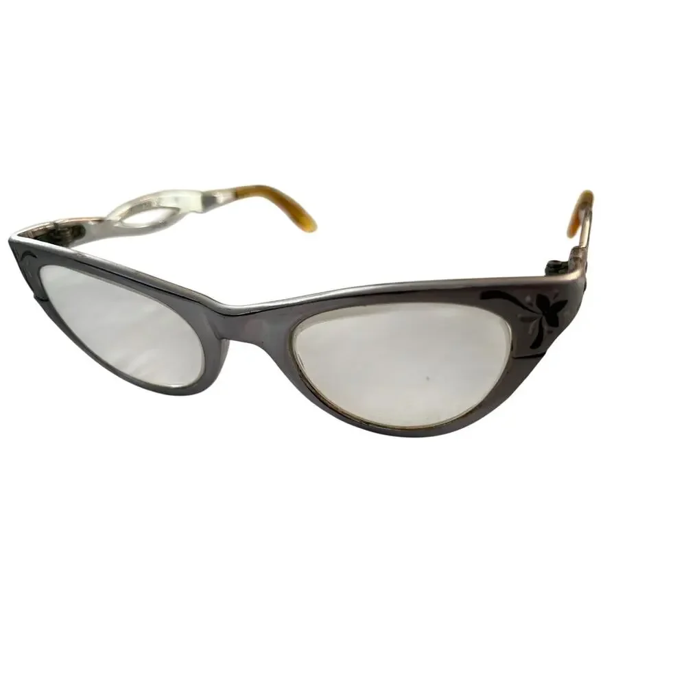 Vtg‎ American Optical Aluminum Cat Eye Glasses 1950s Engraved Silver AO Frames